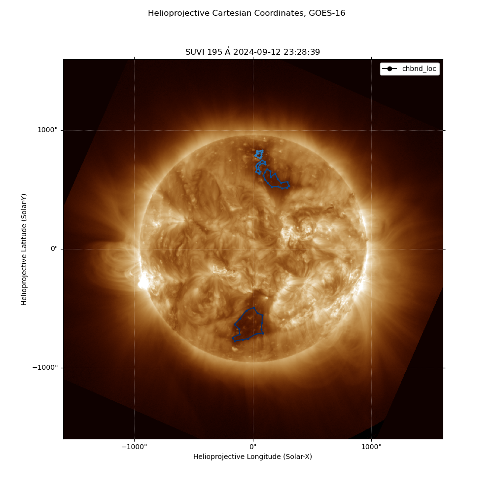 Helioprojective Cartesian Coordinates, GOES-16, SUVI $195 \; \mathrm{\mathring{A}}$ 2024-09-12 23:28:39