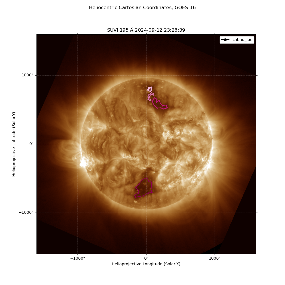 Heliocentric Cartesian Coordinates, GOES-16, SUVI $195 \; \mathrm{\mathring{A}}$ 2024-09-12 23:28:39