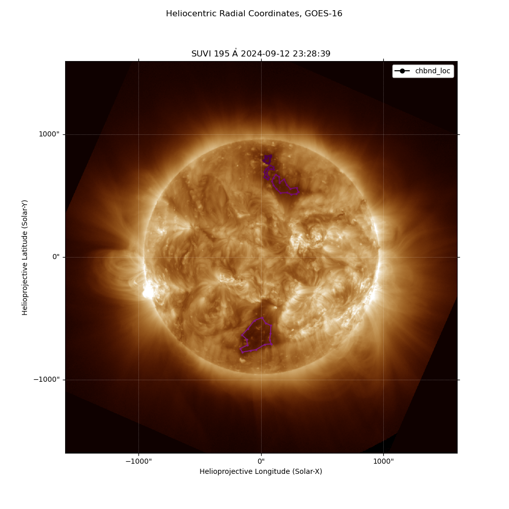 Heliocentric Radial Coordinates, GOES-16, SUVI $195 \; \mathrm{\mathring{A}}$ 2024-09-12 23:28:39